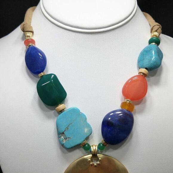 Chico’s Multicolor Beaded Necklace Gold Pendant Suede Cord NWT Statement - Picture 11 of 16